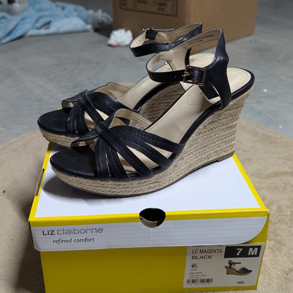 Liz Claiborne Black Strappy Wedge Sandals